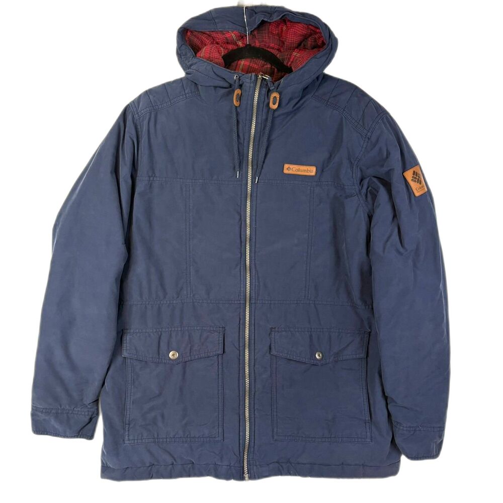 Columbia Canvas Field Jacket Hooded Collegiate Navy Plaid Lined Men's Large